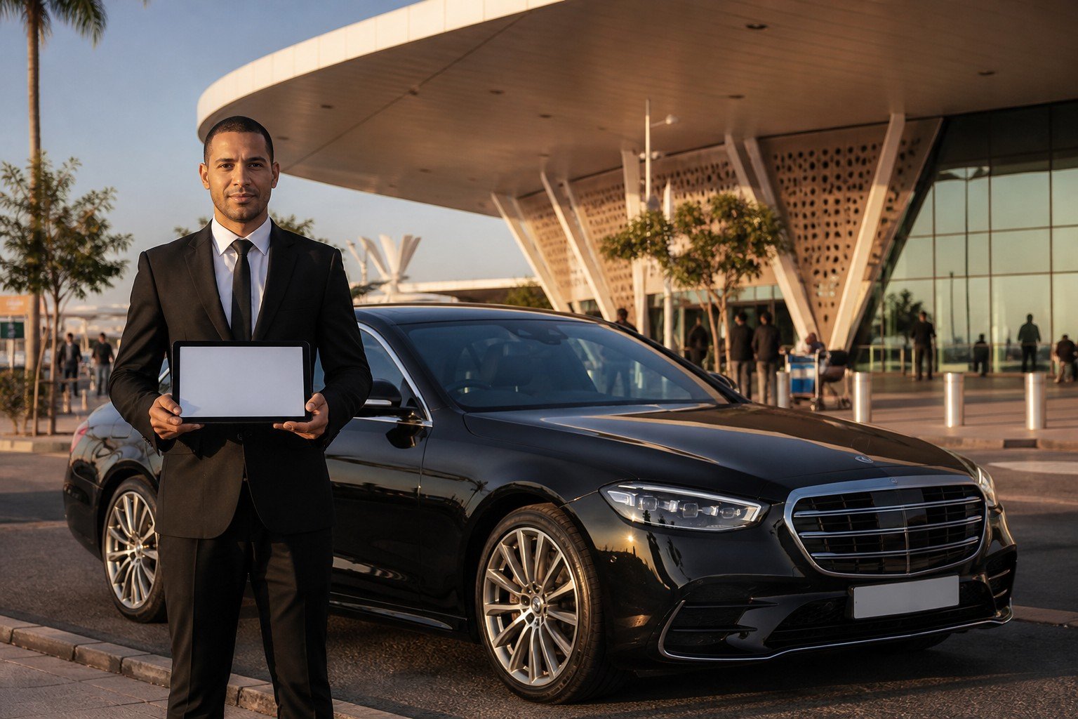 Private chauffeur with Mercedes waiting at Marrakech Menara Airport