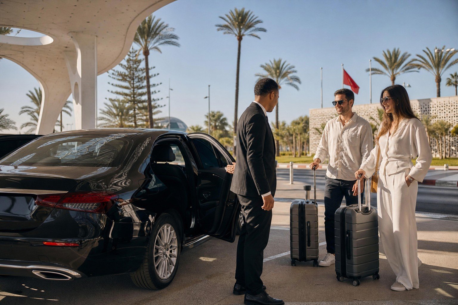 Chauffeur welcoming guests with luggage beside a private Mercedes in Marrakech